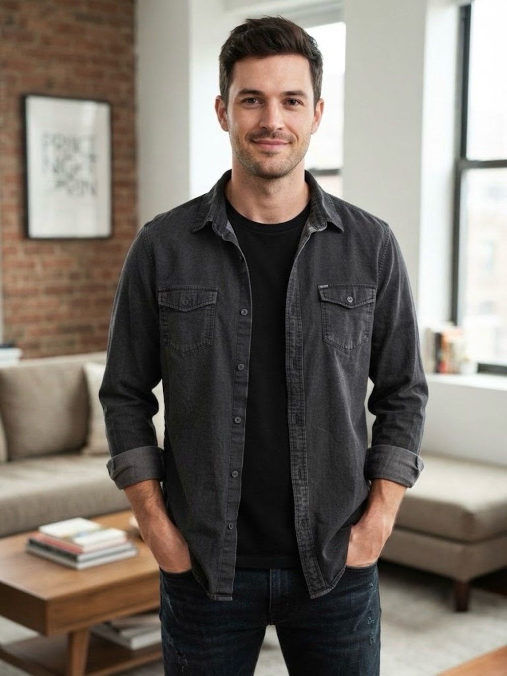 Buffalo David Bitton Charcoal Grey Button-Down Shirt Rugged Cotton Moto